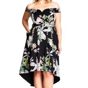 City Chic Womens Sweetheart Off-The-Shoulder Dress Black Floral Size XXL/24